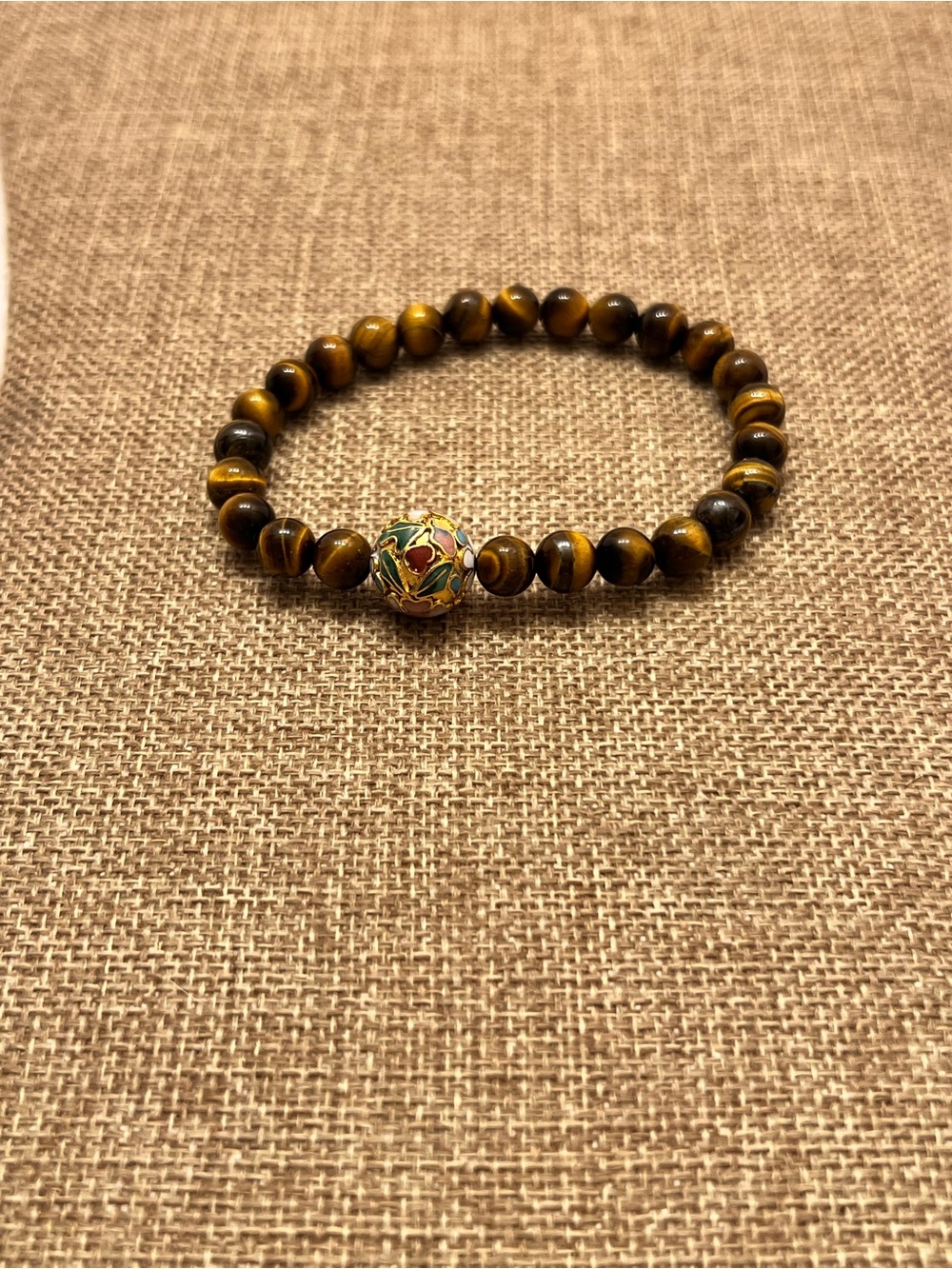 Tiger Eye Bead Bracelet with Cloisonné Accent - Brown